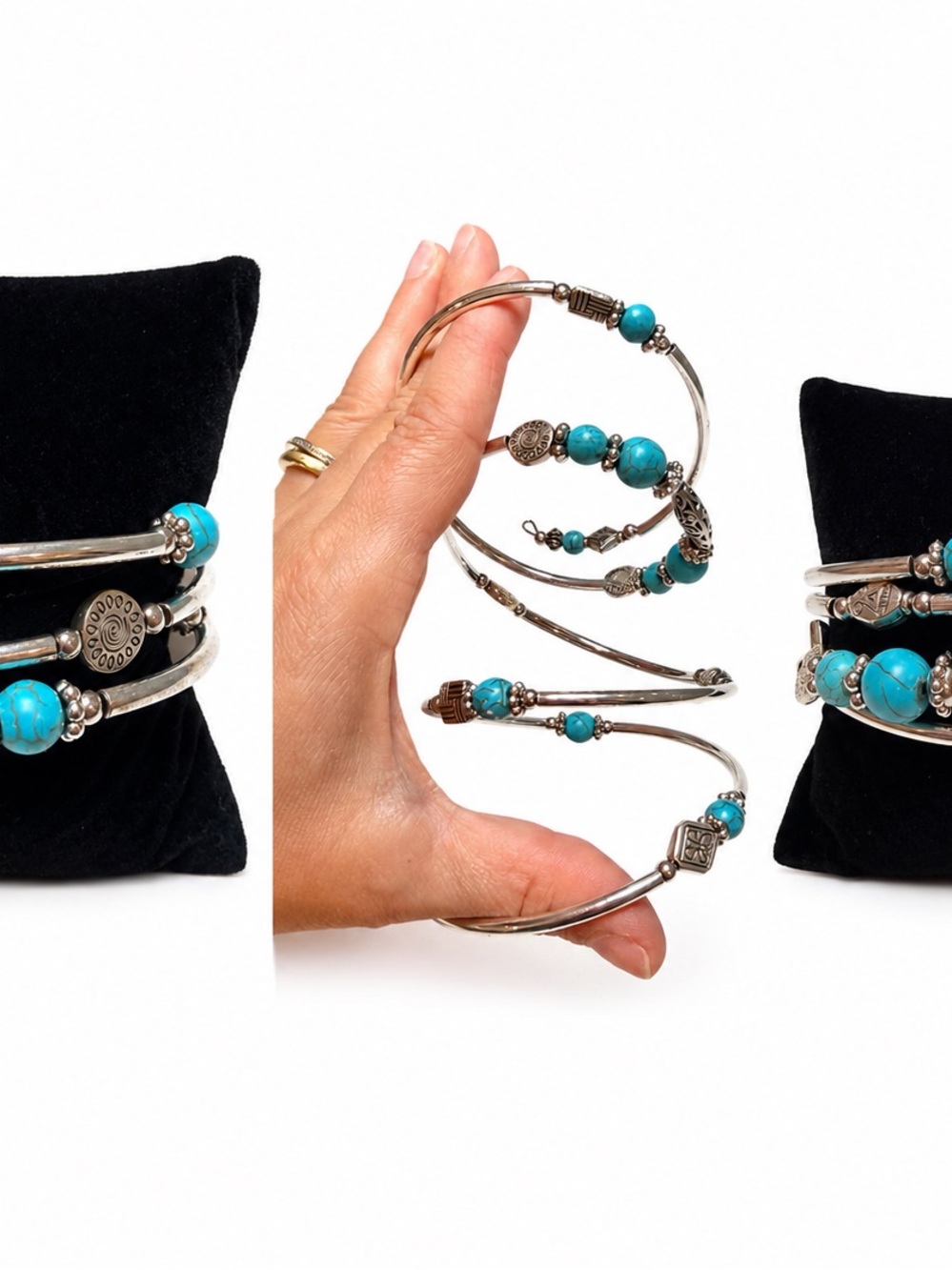 Turquoise Bead Silver-Tone Spiral Cuff Bracelet Set